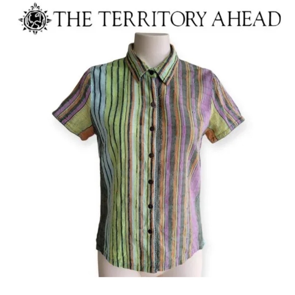 The Territory Ahead Pastel Tee Shirt Striped Button-up Embroidered Cotton